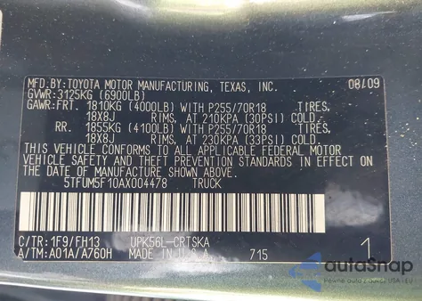 2010 Toyota Tundra Grade 4.6L V8 z USA, uszkodzony, nr VIN 5TFUM5F10AX004478